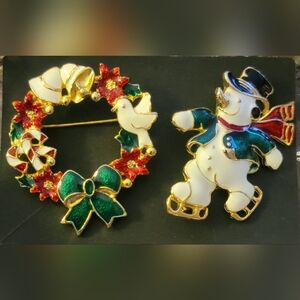 Stephen's Fine Jewelry SFJ Gold Tone Christmas Wreath Brooch And Snowman Brooch